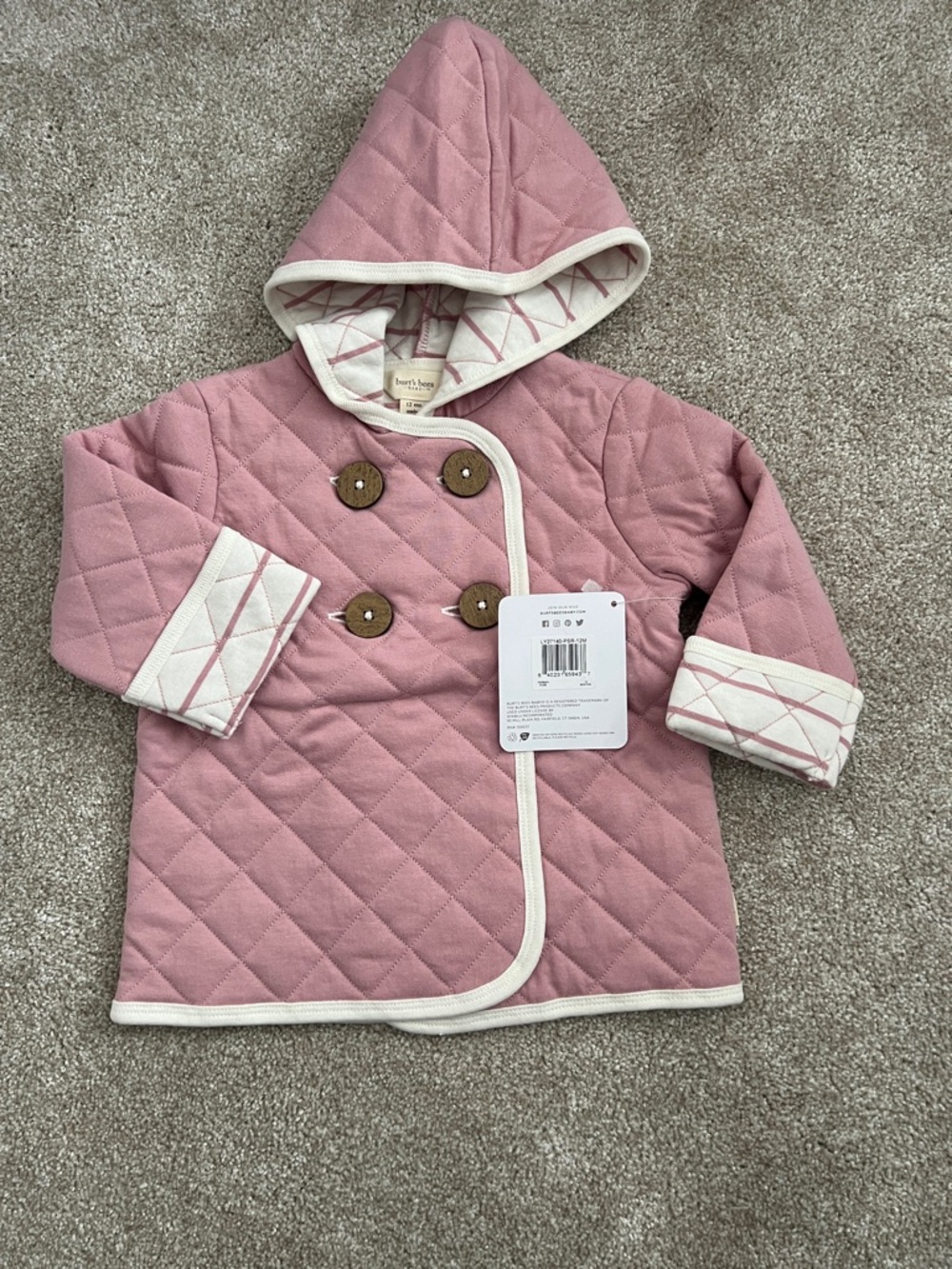 Burt's Bees Pink Quilted Hooded Baby Coat with Cream Trim